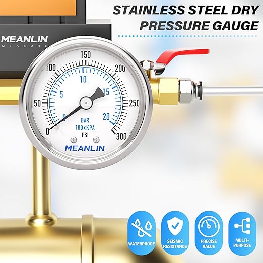 MEANLIN MEASURE 0~300Psi Dry Pressure Gauge Stainless Steel 1/8" NPT 2" FACE DIAL Waterproof for Air Compressor Air Regulator Water Filter Back Mount, with 1/4" NPT and 3/8" NPT Hex Bushing