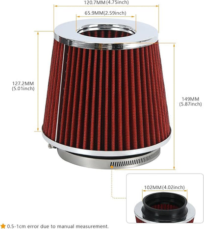 PTNHZ Universal Red 4" 102mm High Flow Cold Air Intake Cone Air Filter Power Intake Air Inlet System Air Cleaner