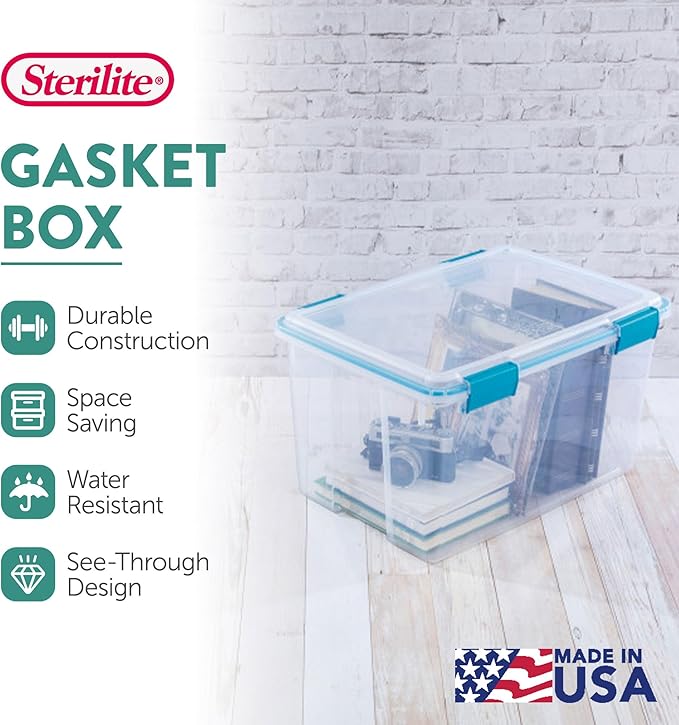 Sterilite 4 Pack Gasket Box, Weather-Resistant Storage Bins with Latching Lids, 54 Quart - Heavy-Duty Organizing Containers for Closet, Bathroom, and Office