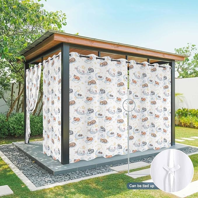 Cartoon Animals Outdoor Curtains for Patio Raccoons Rabbits Moon Waterproof Outside Curtains with Grommet Top Weatherproof Curtain for Cabana Pergola Gazebo, 1 Panel, 54" W x 84" L