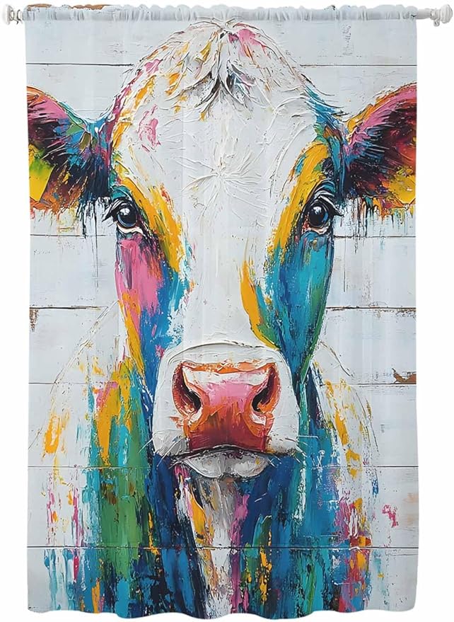 Sheer Curtains 63 Inch Length, Farmhouse Oil Painting Semi Sheer Curtains Light Filtering Window Treatment, Colorful Cow Animal Wooden Grain Privacy Voile Drapes for Living Room Bedroom 52x63 Inch