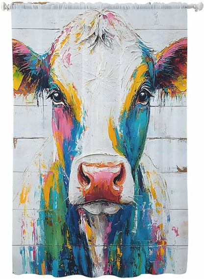 Sheer Curtains 72 Inches Long, Farmhouse Oil Painting Semi Sheer Curtains Light Filtering Window Treatment, Colorful Cow Animal Wooden Grain Privacy Voile Drapes for Living Room Bedroom 52x72 Inch