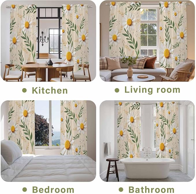 Spring Daisy Kitchen Curtains, Country Watercolor Flower Leaf Plant Light Filtering Window Curtain Panels, 2Pcs Rod Pocket Window Treatments Set for Living Room Bathroom Bedroom 52x72 Inches