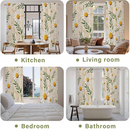 Spring Daisy Kitchen Curtains, Country Watercolor Flower Leaf Plant Light Filtering Window Curtain Panels, 2Pcs Rod Pocket Window Treatments Set for Living Room Bathroom Bedroom 52x72 Inches