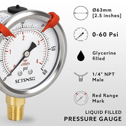 0 to 60 Psi Pressure Gauge, Glycerin Liquid Filled, 2.5 inch Dial, 1/4" NPT Lower Mount, Stainless Steel Case, for Pool Sand Filter, Water Pump, Propane, Coolant, CO2, Gas, Low Pressure Test