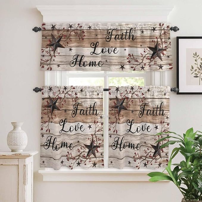 Kitchen Curtains Tiers and Valance Set of 3, Rustic Star Brown Light Filtering Window Curtain Set, Vintage Plants Berry Wooden Grain Rod Pocket Curtain Drapes for Cafe, Living Room, 36 Inches Tiers