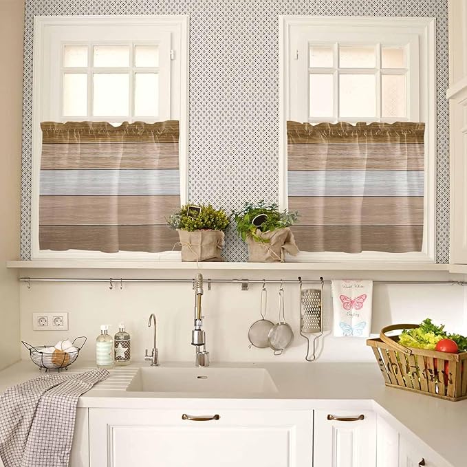 Retro Farm Wood Board Window Valance Curtains, Brown Graduality Striped Light Filtering Kitchen Valance with 3-inch Rod Pocket for Living Room Bathroom Bedroom,2 Panel,27.5x24In