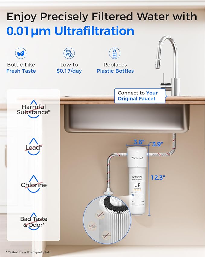 Waterdrop 10UAW-UF 0.01 μm Ultra Filtration Under Sink Water Filter System, 1 Year, Reduces Lead, Chlorine, Bad Taste & Odor, Direct Connect to Kitchen Faucet, USA Tech