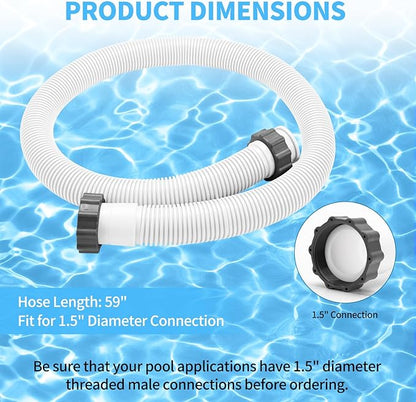 2-Pack 1.5 Inch Pool Pump Hose Replacement for Above Ground Pools, 59" Long Flexible PE Pool Filter Hose for Most 1.5 Inch Diameter Sand Filters & Saltwater Systems Includes 4 Washers (White)