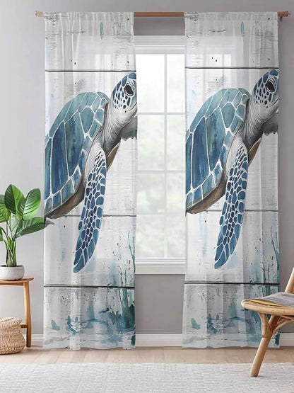Sheer Curtains 108 Inches Long, Teal Green Sea Turtle Semi Sheer Curtains Light Filtering Window Treatment, Summer Ocean Vintage Wood Grain Privacy Voile Drapes for Living Room Bedroom 52x108 Inch