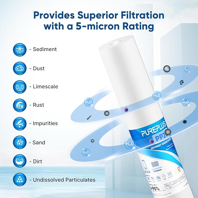 PUREPLUS 5 Micron 20" x 2.5" Whole House Sediment Home Water Filter, 20-inch Sediment Pre-Filtration, Replacement Cartridge Aqua Pure AP110-2C, Pentek P1-20/SP-P1-20/PX01-20, Watts FPMB5-20, 6Pack