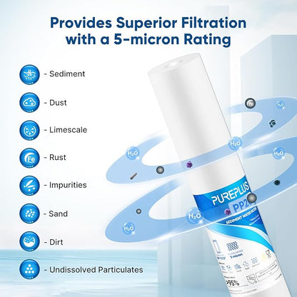 PUREPLUS 5 Micron 20" x 2.5" Whole House Sediment Home Water Filter, 20-inch Sediment Pre-Filtration, Replacement Cartridge Aqua Pure AP110-2C, Pentek P1-20/SP-P1-20/PX01-20, Watts FPMB5-20, 6Pack