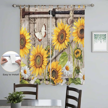 Farmhouse Sunflowers Living Room Curtains 84 Inch Length, Window Curtains Tab Top, Rustic Barn Doors Flowers Butterfly Wooden Light Filtering Window Treatments Drapes 52"x84" 2 Panel
