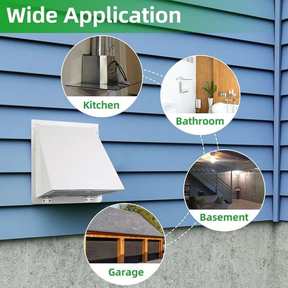 8 Inch Hooded Wall Vent with Screen and Damper,Outdoor Wall Exhaust Vent Cover Cap for Kitchen Range Hood Dryer Duct Ventilation &Exterior Air Exhaust Applications,Galvanized Steel,White