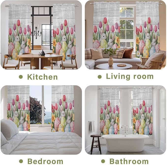 Easter Window Curtains 72 Inch Long 2 Panel Set, Rod Pocket Long Curtains & Drapes, Retro Spring Bunny Eggs Tulip Farm Wooden Grain Light Filtering Window Treatment for Bedroom Living Room 52"W x 72"L