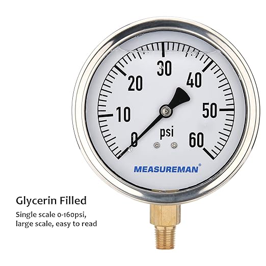 MEASUREMAN 4" Dial Size, Glycerin Filled Plumbing Pressure Gauge, 0-60psi, Stainless Steel Case, 1/4" NPT Lower Mount