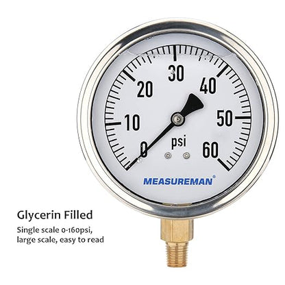 MEASUREMAN 4" Dial Size, Glycerin Filled Plumbing Pressure Gauge, 0-60psi, Stainless Steel Case, 1/4" NPT Lower Mount