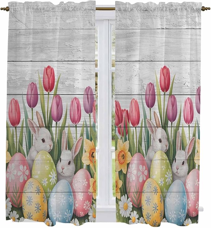 Easter Window Curtains 63 Inch Long 2 Panel Set, Rod Pocket Bedroom Curtains & Drapes, Retro Spring Bunny Eggs Tulip Farm Wooden Grain Light Filtering Window Treatment for Living Room 42"W x 63"L