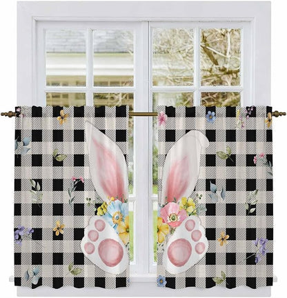 Easter Kitchen Curtains 45 Inch Long 2 Panel Set, Rod Pocket Window Treatment, Spring Rabbits Ears Feet Wildflowers Black Plaid Light Filtering Short Curtains & Drapes for Bathroom Laundry 52"W x 45"L