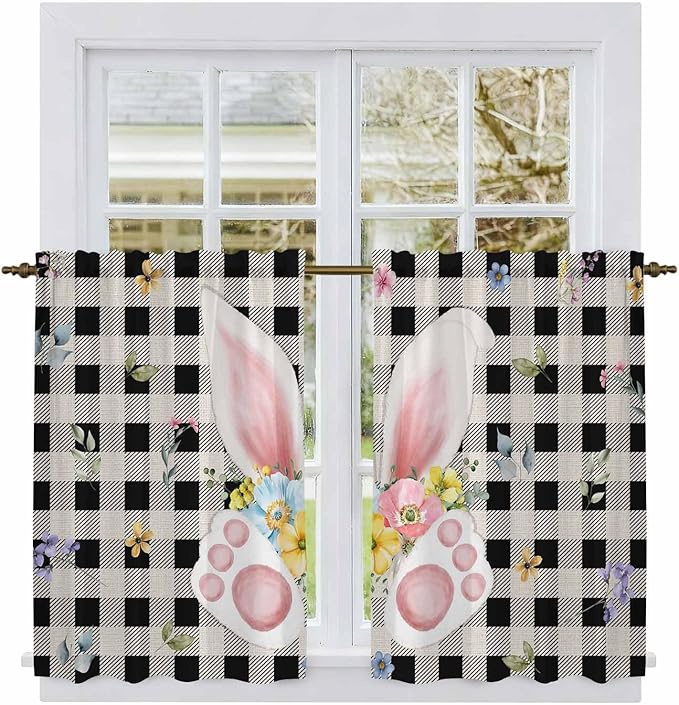 Easter Kitchen Curtains 54 Inch Long 2 Panel Set, Rod Pocket Window Curtains Panels, Spring Rabbits Ears Feet Wildflowers Black Plaid Light Filtering Privacy Draperies for Bedroom Laundry 42"W x 54"L