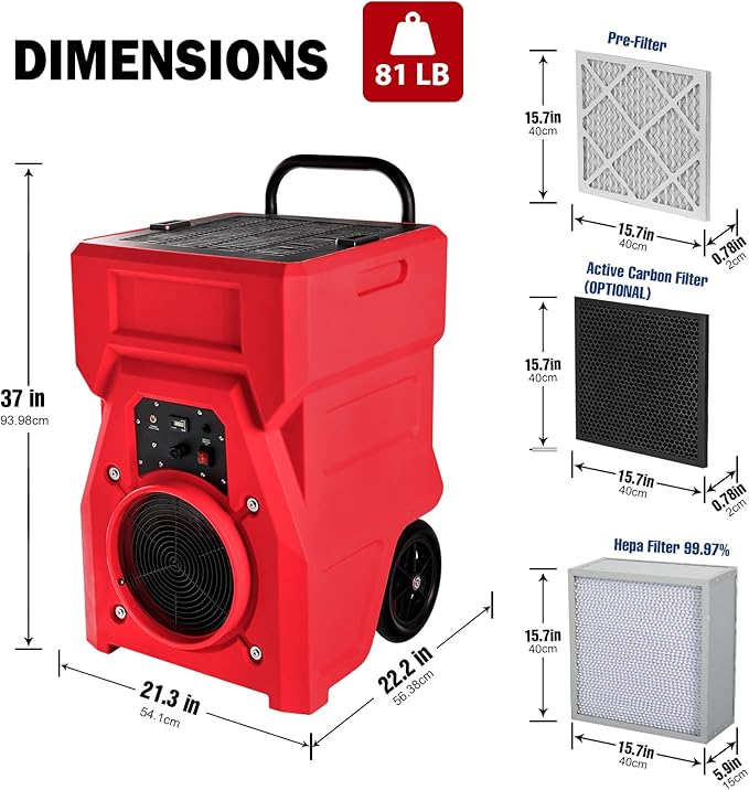 MOUNTO 1000cfm Portable Industrial Air Purifier Negative Air Scrubber - Powerful 1HP Motor, True HEPA Filter, 2-Speed, Handle and wheels 3-Year Warranty (Red)