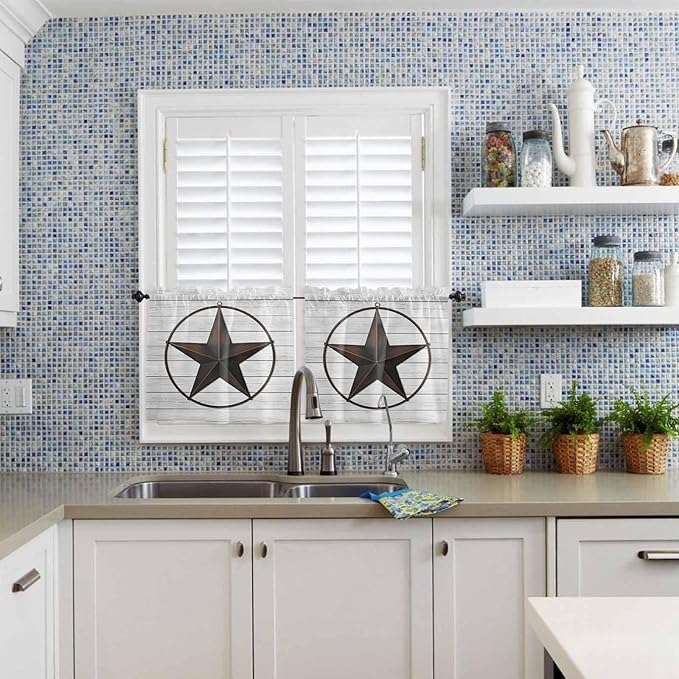 Vintage Farm Western Star Window Valance Curtains, White Wood Grain Light Filtering Kitchen Valance with 3-inch Rod Pocket for Living Room Bathroom Bedroom,2 Panel,27.5x24In