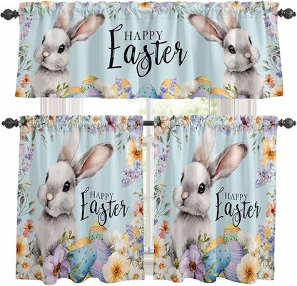 Happy Easter Kitchen Curtains Set 3 Piece for Windows,Rod Pocket Valance and Tier Set 24 Inch Length,Spring Grey Bunny Colorful Eggs Flower Blue Light Filtering Cafe Curtains for Living Room