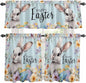 Happy Easter Kitchen Curtains Set 3 Piece for Windows,Rod Pocket Valance and Tier Set 24 Inch Length,Spring Grey Bunny Colorful Eggs Flower Blue Light Filtering Cafe Curtains for Living Room