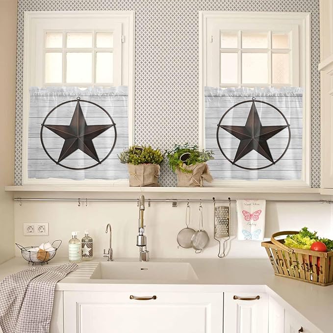 Vintage Farm Western Star Window Valance Curtains, White Wood Grain Light Filtering Kitchen Valance with 3-inch Rod Pocket for Living Room Bathroom Bedroom,2 Panel,27.5x24In