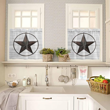 Vintage Farm Western Star Window Valance Curtains, White Wood Grain Light Filtering Kitchen Valance with 3-inch Rod Pocket for Living Room Bathroom Bedroom,2 Panel,27.5x24In