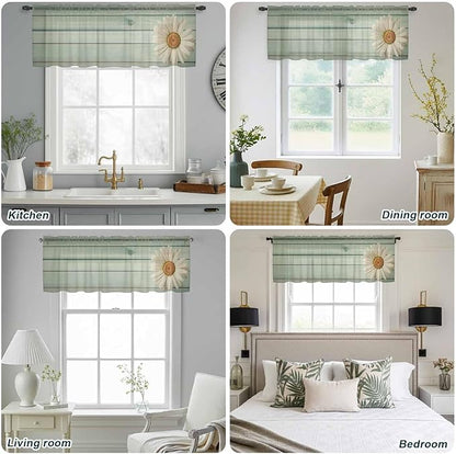 Daisy Flower Sheer Valances for Windows 60"x18", Light Filtering Kitchen Curtains Valance, Modern Art Floral Farmhouse Teal Wooden Grain Rod Pocket Chiffon Curtains for Living Room Bedroom Cafe