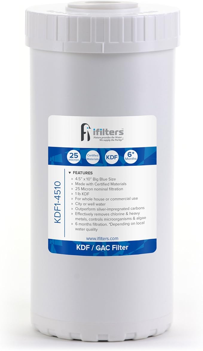 iFilters 25 Micron 10" x 4.5" Whole House KDF/GAC Water Filter Replacement | 100% Compatible with MWH-D-WELL, GE FXHTC, GXWH40L, GXWH35F, GNWH38S, Culligan RFC-BBSA, WRC25HD, PP10BB-CC, Pentek RFC-BB