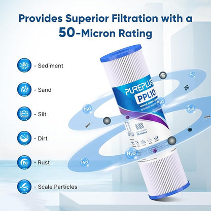 PUREPLUS 50 Micron Whole House Pleated Sediment Filter for Well Water, Replacement Cartridge for Universal 10 inch RO System, W50PE, WFPFC3002, SPC-25-1050, FM-50-975, 801-50, WB-50W, 6Pack