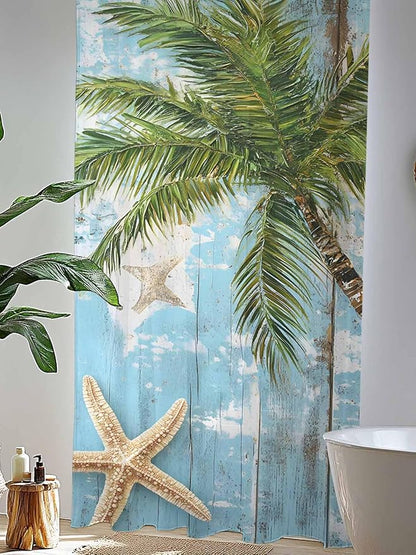 Sheer Curtains 84 Inches Long, Coastal Beach Blue Semi Sheer Curtains Light Filtering Window Treatment, Tropical Coconut Tree Vintage Wood Grain Privacy Voile Drapes for Living Room Bedroom 52x84 Inch