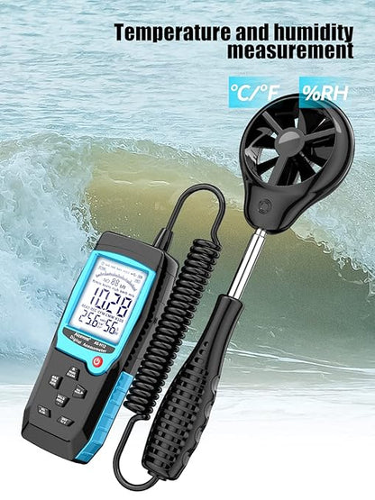 H12 Digital Anemometer Handheld Wind Speed Meter with Extended Wind Sensor, Measures Wind Speed Wind Flow Temperature and Humidity CFM Air Flow Velocity Meter with Big Backlit Screen