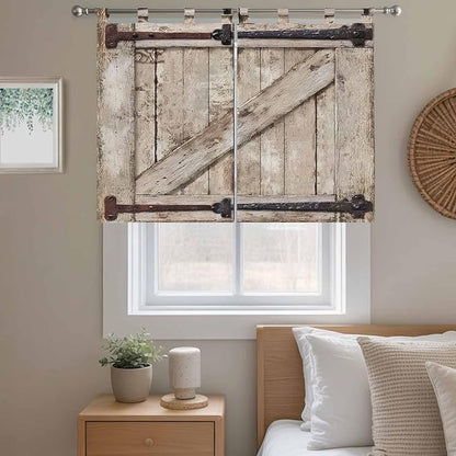 Farmhouse Wood Grain Kitchen Curtains 45 Inch Length, Short Cafe Window Curtains Tab Top, Vintage Country Barn Gate Brown Light Filtering Window Treatments Tier Drapes 27.5"x45" 2 Panel