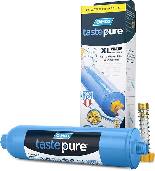 Camco Tastepure XL RV Water Filter - Reliable RV Inline Water Filter with Flexible Hose Protector - GAC & KDF Water Filtration - Made in USA - Camping Essentials for Fresh Drinking Water (40019)
