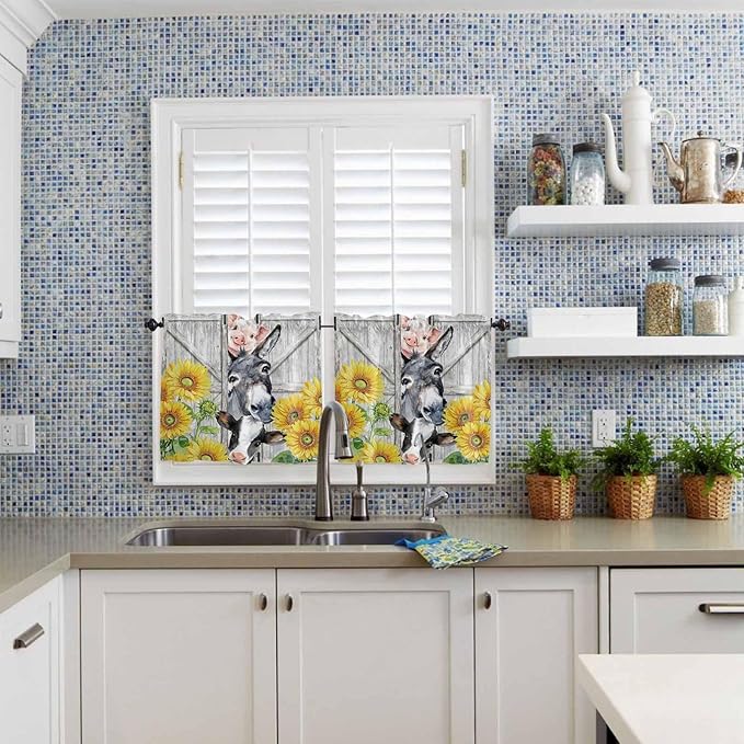 Farmhouse Half Window Curtains 24 Inches Long, Watercolor Sunflowers Animals Printed Wood Grain Window Treatment Curtain Drapes, Short Curtains Tiers for Kitchen Over Sink, 27.5"x24", 2 Panels