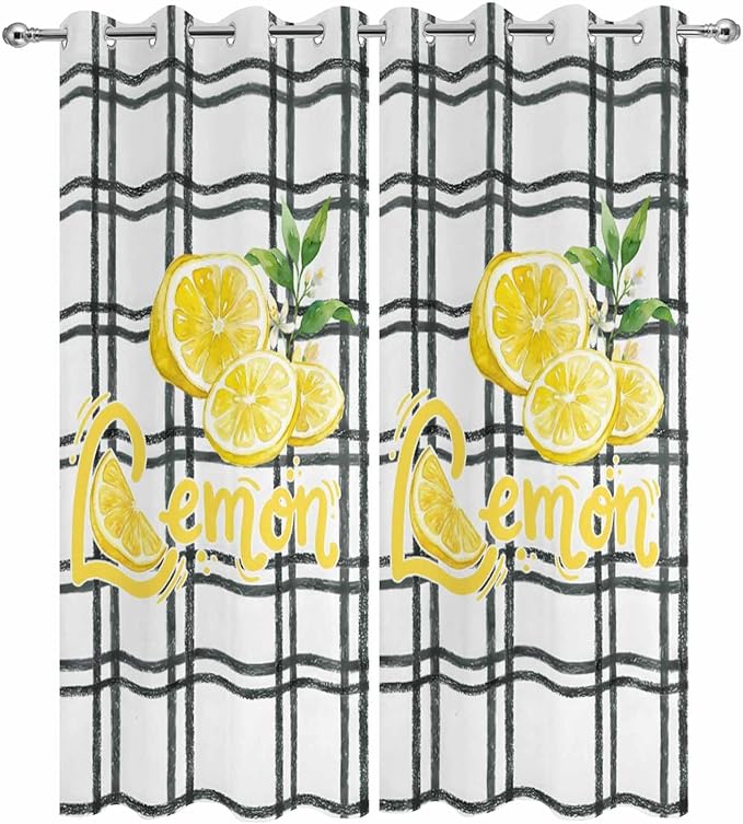 Lemon Outdoor Curtains for Patio Lemon Leaves Summer Plaid Buffalo Waterproof Outside Curtains with Grommet Top Weatherproof Curtain for Cabana Pergola Gazebo, 2 Pack, 54" W x 95" L