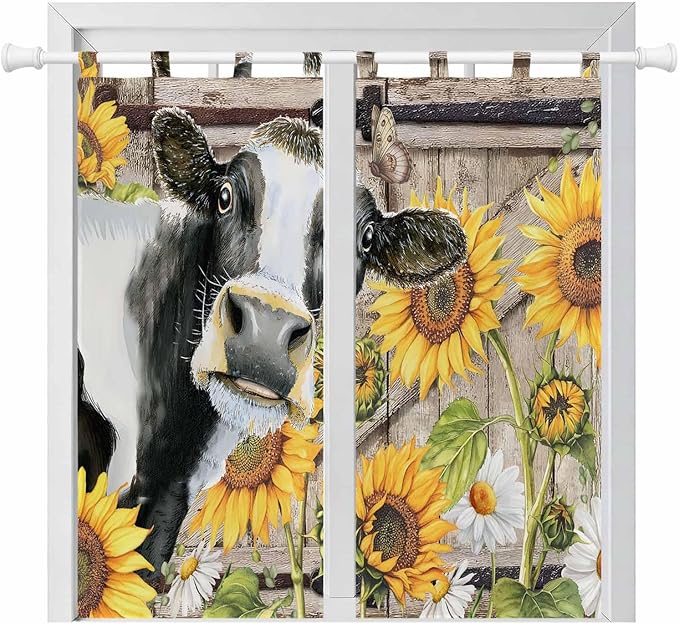 Retro Farmhouse Flower Living Room Curtains 84 Inch Length, Window Curtains Tab Top, Yellow Sunflowers Cow Barn Doors Brown Light Filtering Window Treatments Drapes 42"x84" 2 Panel