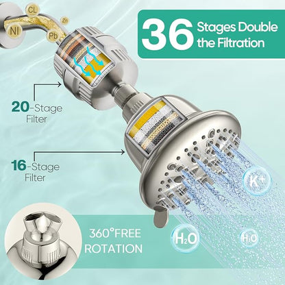 Cobbe Luxury Double Filtered Shower Head, High Output 16+20 Stages – 99% REMOVAL Shower Filters for Hard Water Removes Chlorine and Harmful Substances, 7-Model Setting Spray, Brushed Nickel
