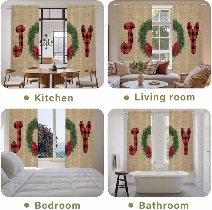 Red Green Christmas Window Curtains 72 Inch Long 2 Panel Set, Rod Pocket Long Curtains & Drapes, Xmas Botanical Winter Farmhouse Light Filtering Window Treatment for Bedroom Living Room 52"W x 72"L