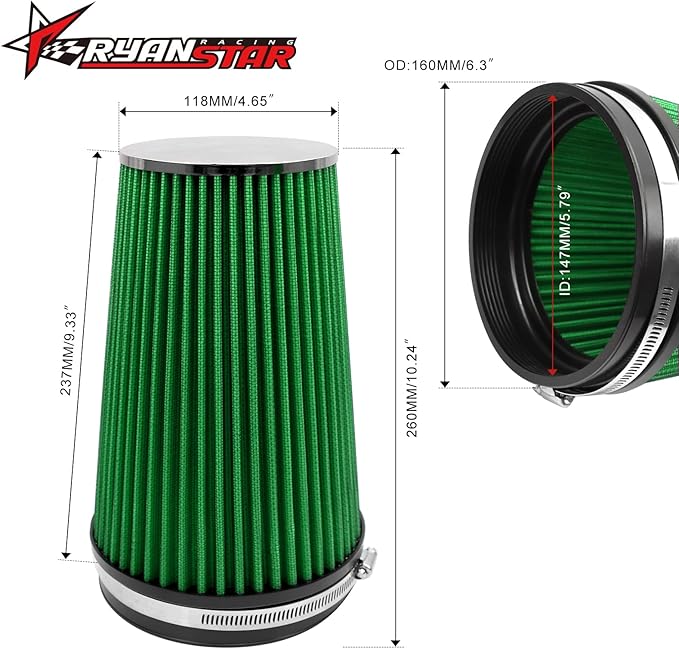 RYANSTAR RACING 152mm 6" High Flow Round Tapered Cone Closed-Top Washable Clamp-On Dry Air Filter Long 265mm tall Green