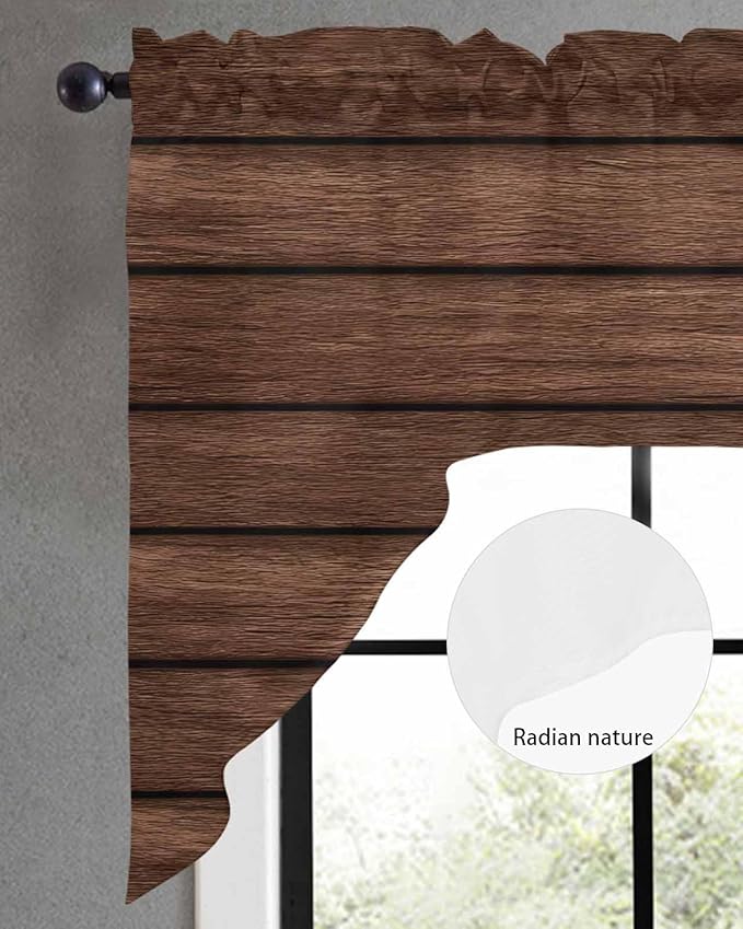 Brown Wooden Board Swag Kitchen Curtains Valance and Tier Set, Vintage Wood Grain Farmhouse Barn Themes Light-Filtering Swag Valance, Rod Pocket Short Curtain for Bedroom Cafe, 56x36 inches