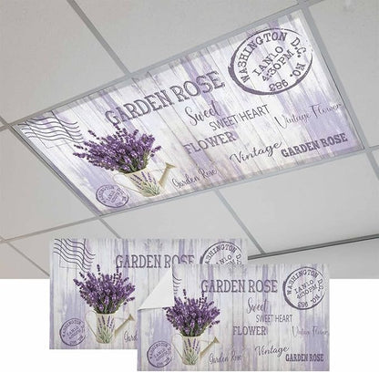Fluorescent Light Covers for Ceiling Lights Lavender Flower Magnetic Light Filters 2 Pack 4x2 ft Watering Can Purple Old Postcard Wood Ceiling Lights Cover for Classroom Office School Drop Lamp Decor