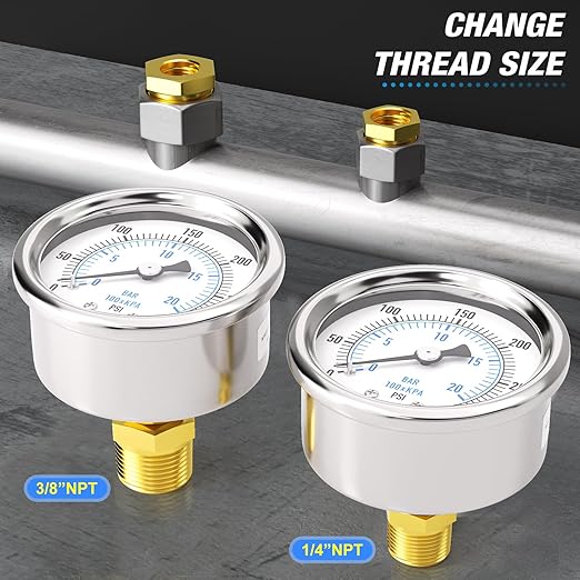 MEANLIN MEASURE 0~300Psi Dry Pressure Gauge Stainless Steel 1/8" NPT 2" FACE DIAL Waterproof for Air Compressor Air Regulator Water Filter Back Mount, with 1/4" NPT and 3/8" NPT Hex Bushing
