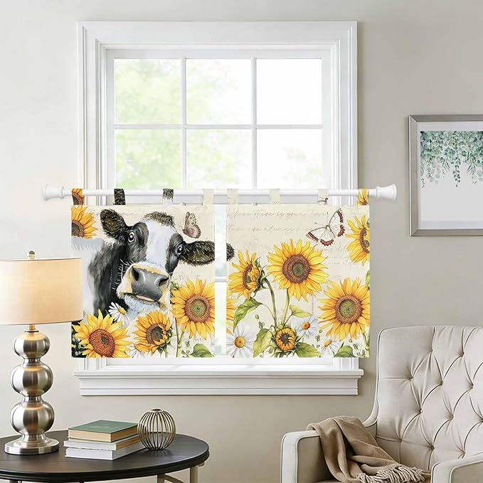 Yellow Sunflowers Kitchen Curtains 36 Inch Length, Small Window Curtains Tab Top, Country Cow Flower Butterfly Farmhouse Cream Light Filtering Short Window Treatments Tier Drapes 27.5"x36" 2 Panel