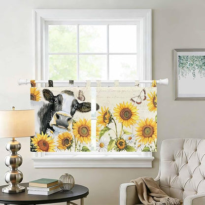 Yellow Sunflowers Kitchen Curtains 24 Inch Length, Small Window Curtains Tab Top, Country Cow Flower Butterfly Farmhouse Cream Light Filtering Short Window Treatments Tier Drapes 27.5"x24" 2 Panel