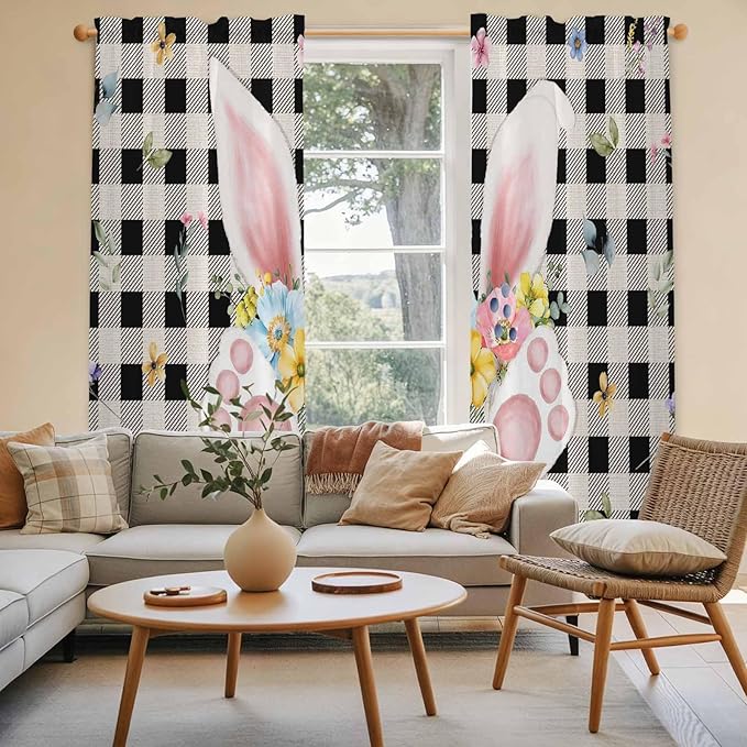 Easter Window Curtains 72 Inch Long 2 Panel Set,Rod Pocket Long Curtains & Drapes,Spring Rabbits Ears Feet Wildflowers Black Plaid Light Filtering Window Treatment for Bedroom Living Room 52"W x 72"L