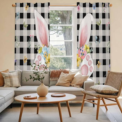 Easter Window Curtains 72 Inch Long 2 Panel Set,Rod Pocket Long Curtains & Drapes,Spring Rabbits Ears Feet Wildflowers Black Plaid Light Filtering Window Treatment for Bedroom Living Room 52"W x 72"L